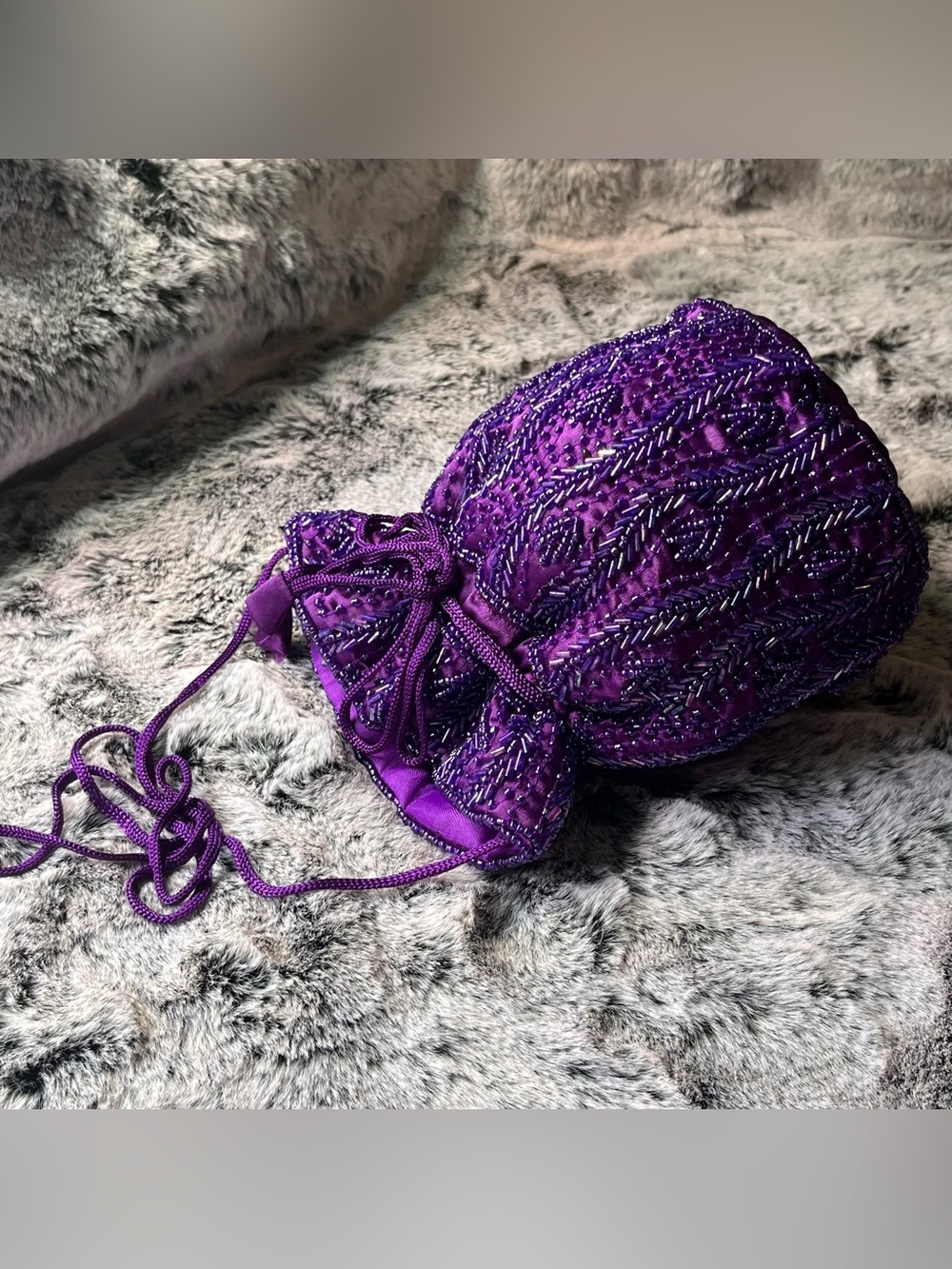 Artisan Purple Glass Beaded Drawstring Bucket Bag, Hand Embellished - Picture 3 of 15